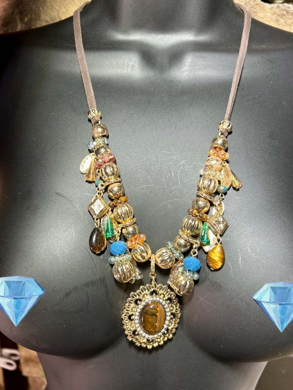 Bold chunky statement necklace C 1946 tigers eye, colorful beads leather